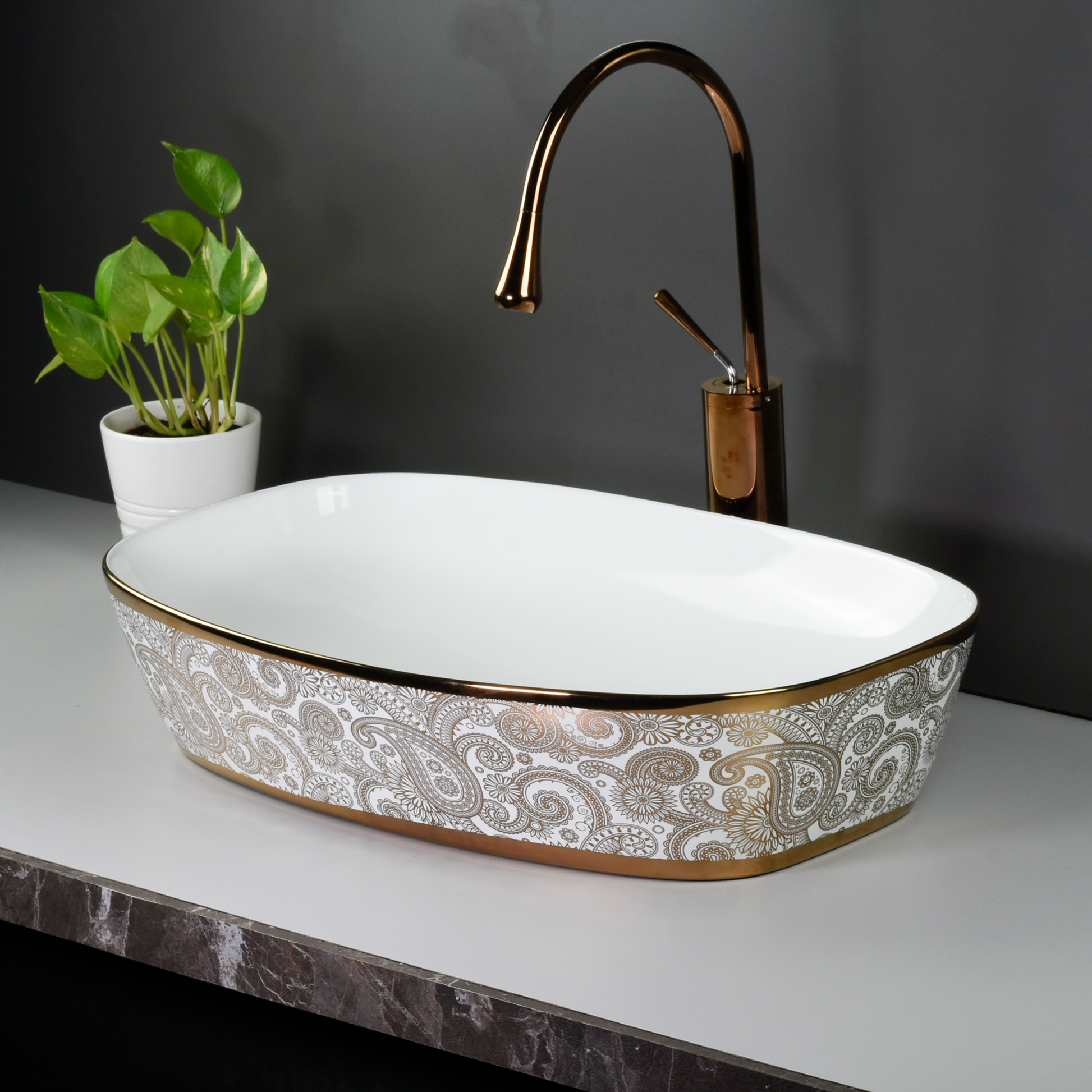 InArt Ceramic Counter or Table Top Wash Basin Glossy White Golden 60 x 37 CM - InArt-Studio