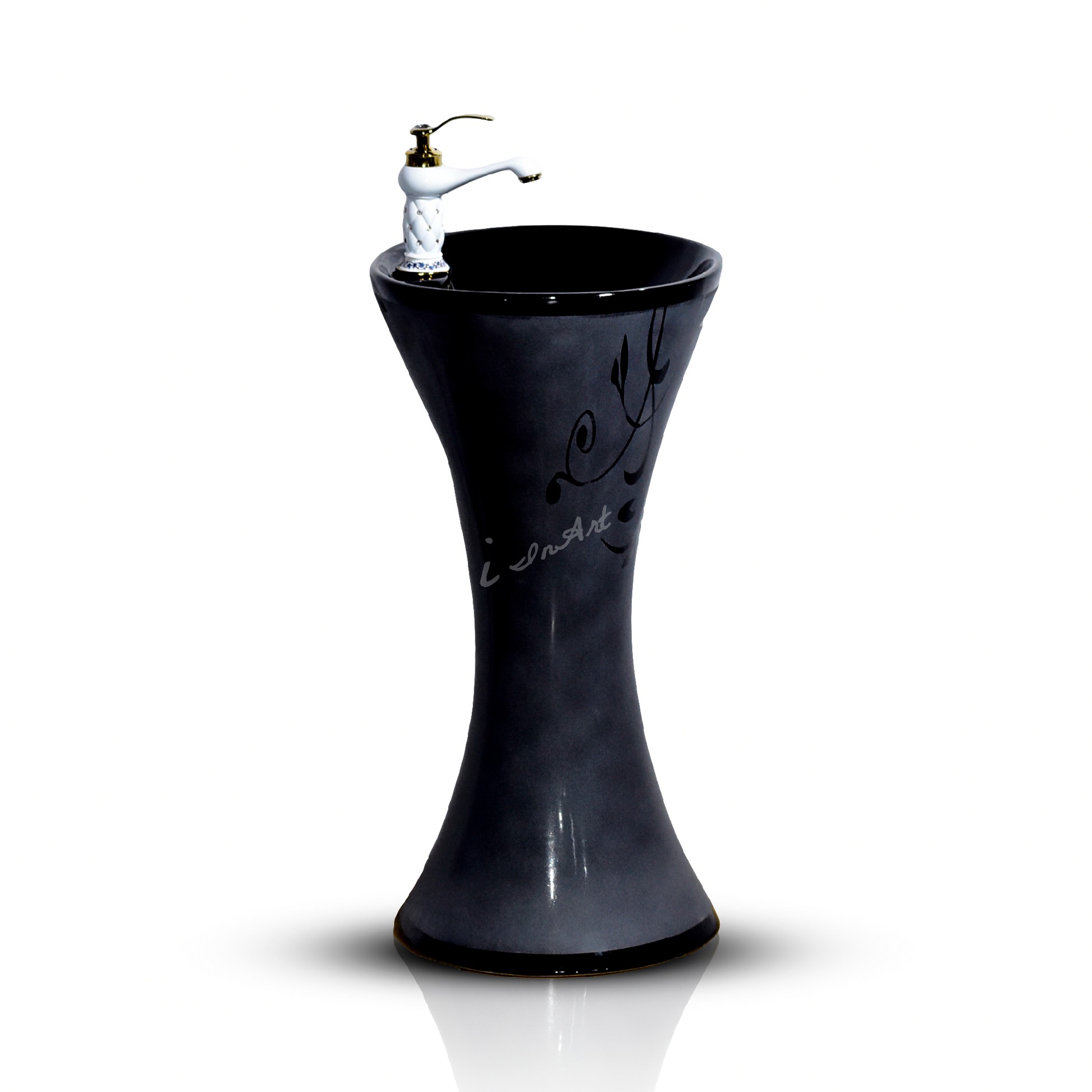 InArt Ceramic Pedestal Wash Basin Free Standing Round Black 40x40 CM - InArt-Studio