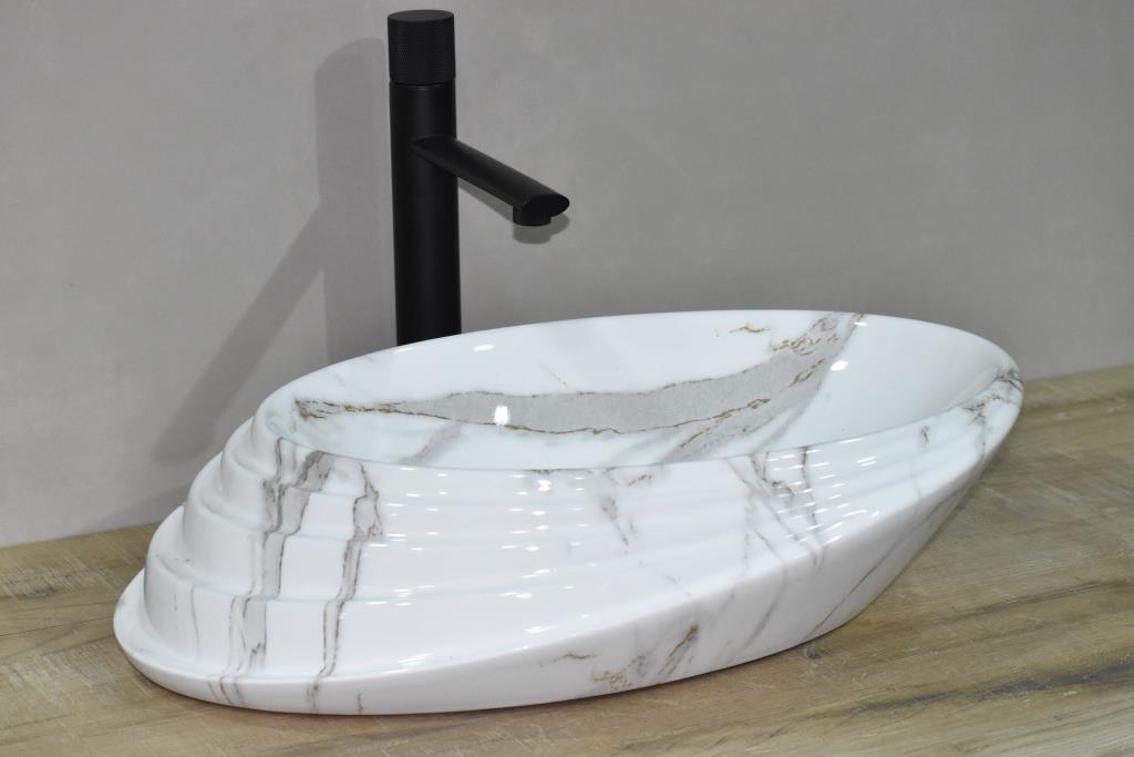 InArt white ceramic table top wash basin 50x38cm marble finish designer counter basin main view