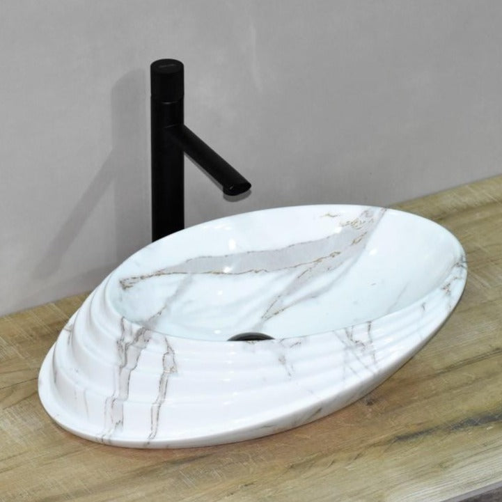 InArt white ceramic table top wash basin 50x38cm marble finish designer counter basin main view