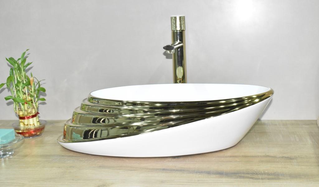 InArt Ceramic Counter or Table Top Wash Basin 50x38 CM Gold White Color - InArt-Studio