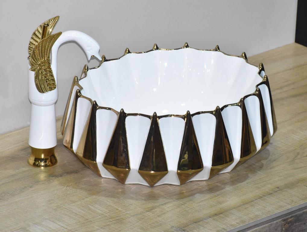 InArt Ceramic Counter or Table Top Wash Basin 42x38 CM Gold White - InArt-Studio