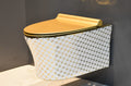 InArt ceramic gold wall hung toilet seat - detailed mounting bracket and installation hardware close-up view