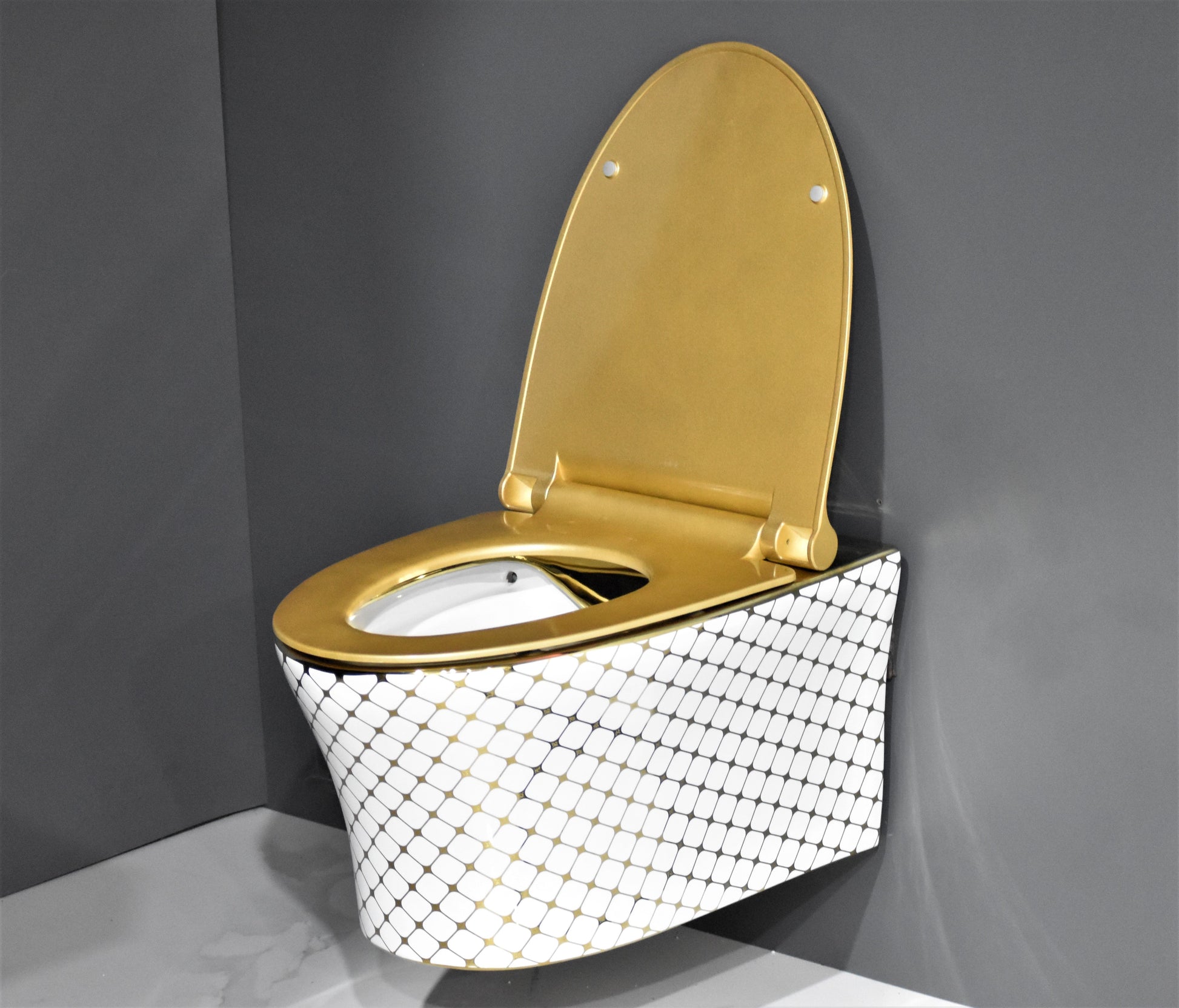 InArt ceramic gold wall hung toilet seat - detailed mounting bracket and installation hardware view