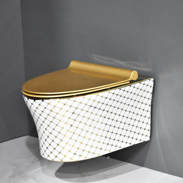 InArt ceramic gold wall hung designer toilet - full front view of mounted water closet seat