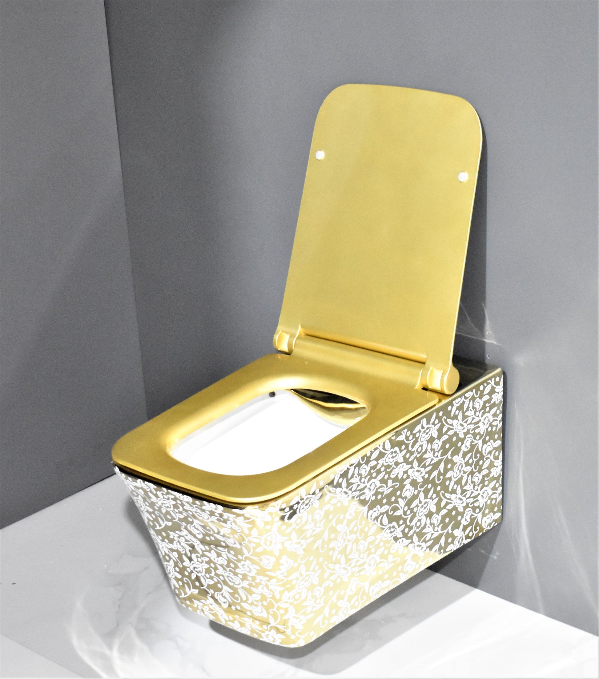 InArt Ceramic Rimless Wall Hung or Wall Mounted Water Closet Toilet with Soft Seat Cover White Gold Color - InArt-Studio