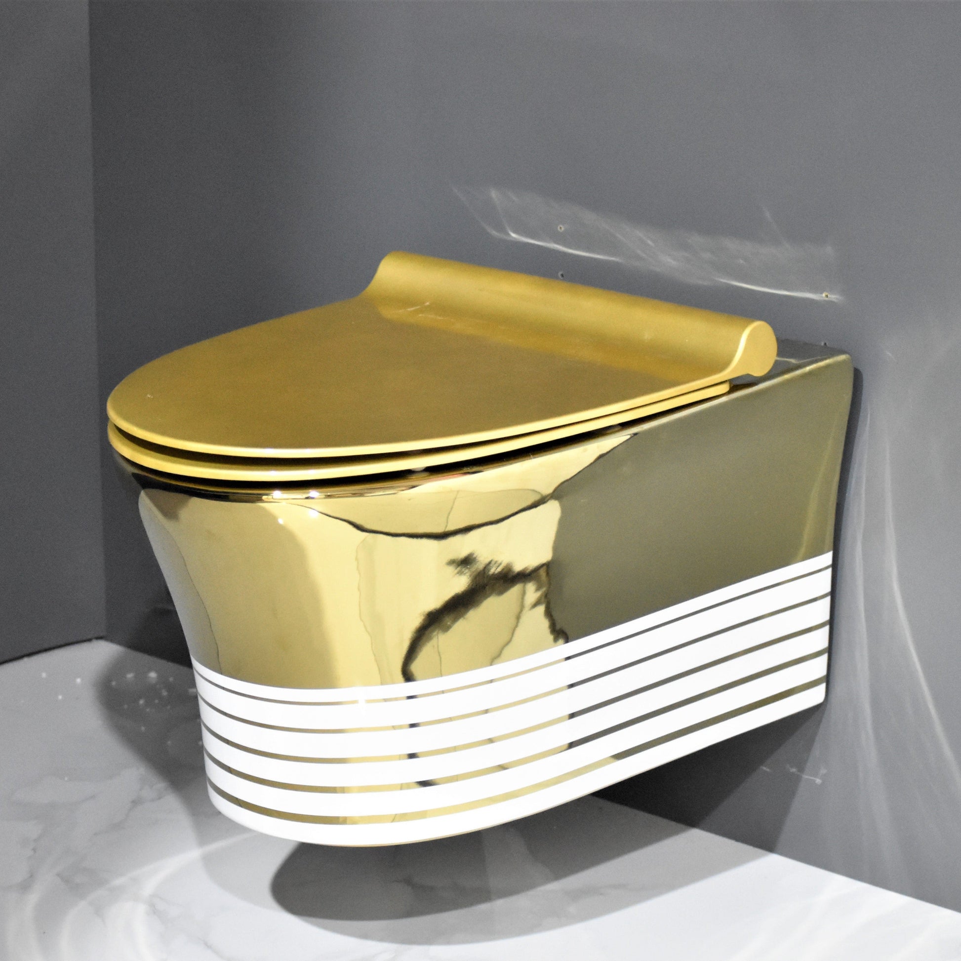 InArt ceramic gold wall hung designer toilet - full front view of mounted water closet seat