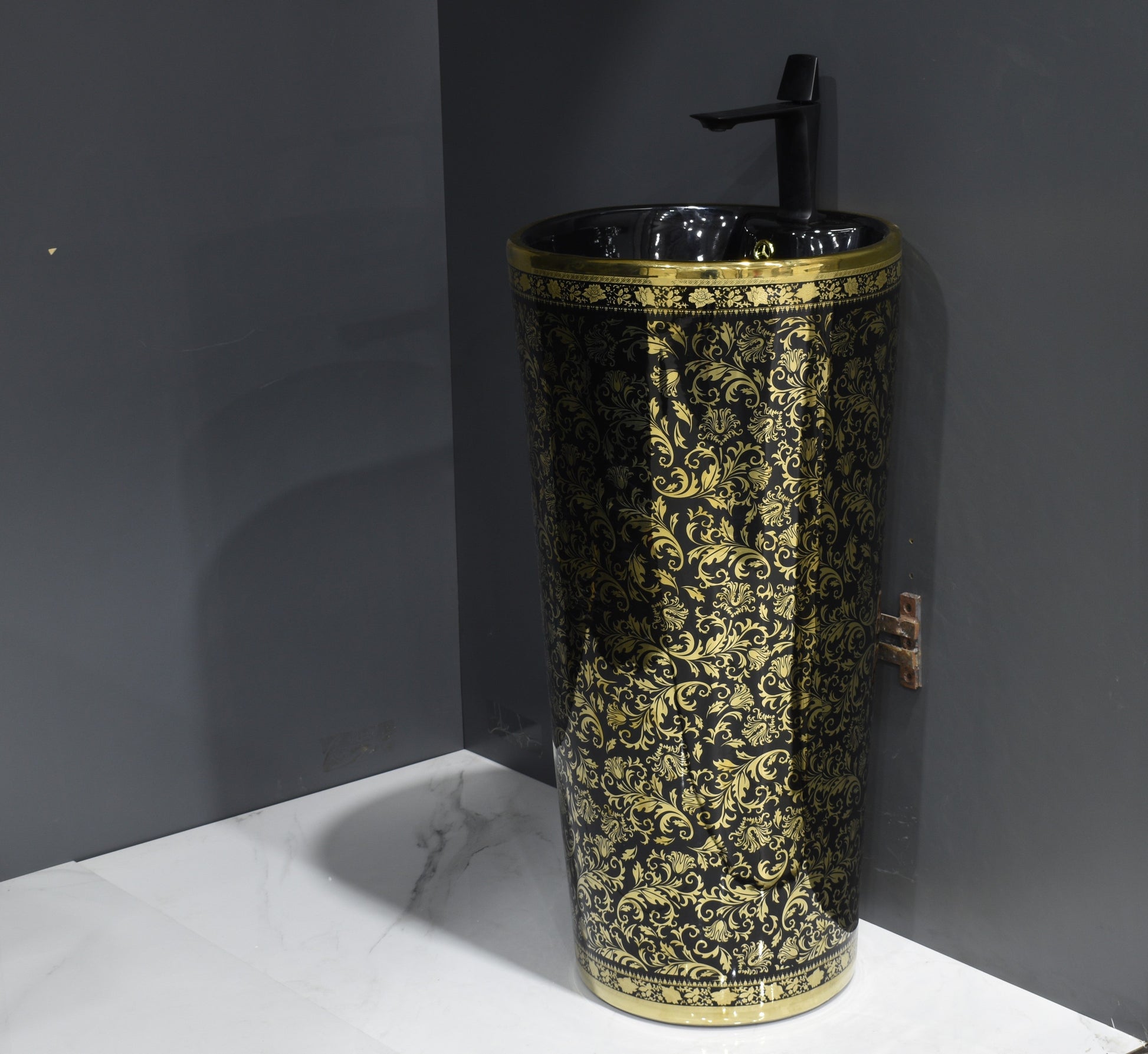 InArt Ceramic Pedestal Free Standing Round Wash Basin Black Gold 42x42 CM - InArt-Studio