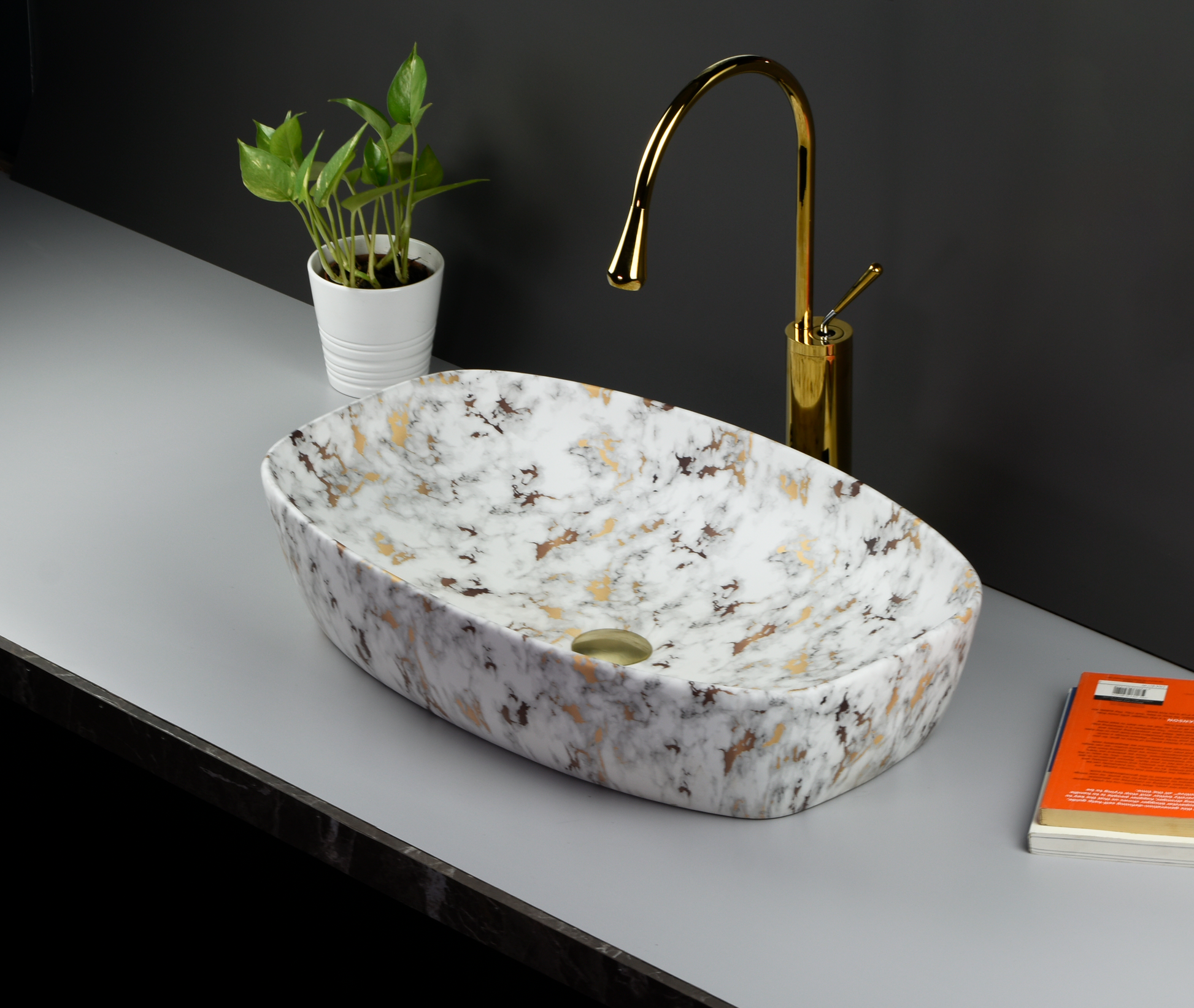 InArt Ceramic Counter or Table Top Wash Basin Matt White Gold Marble 60 x 37 CM - InArt-Studio