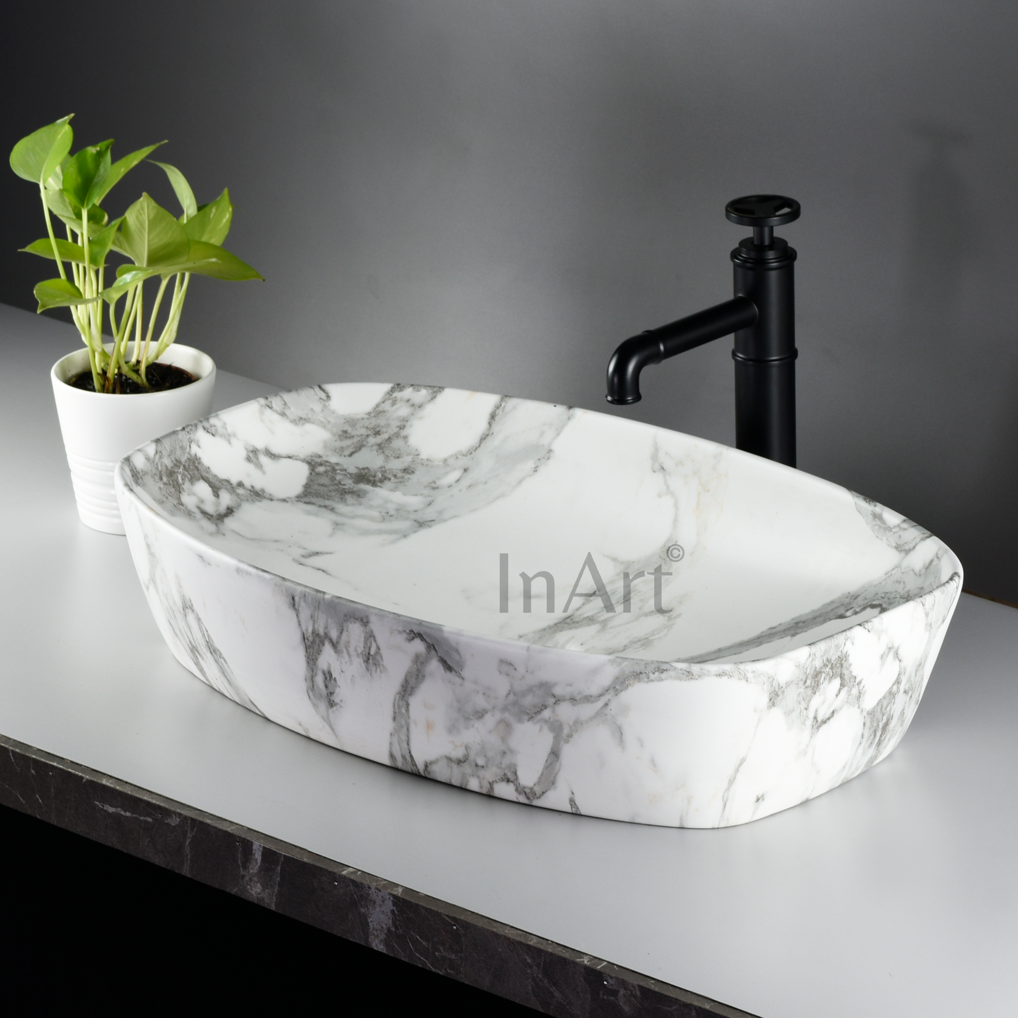 InArt Ceramic Counter or Table Top Wash Basin Matt White Grey Marble 60 x 37 CM - InArt-Studio
