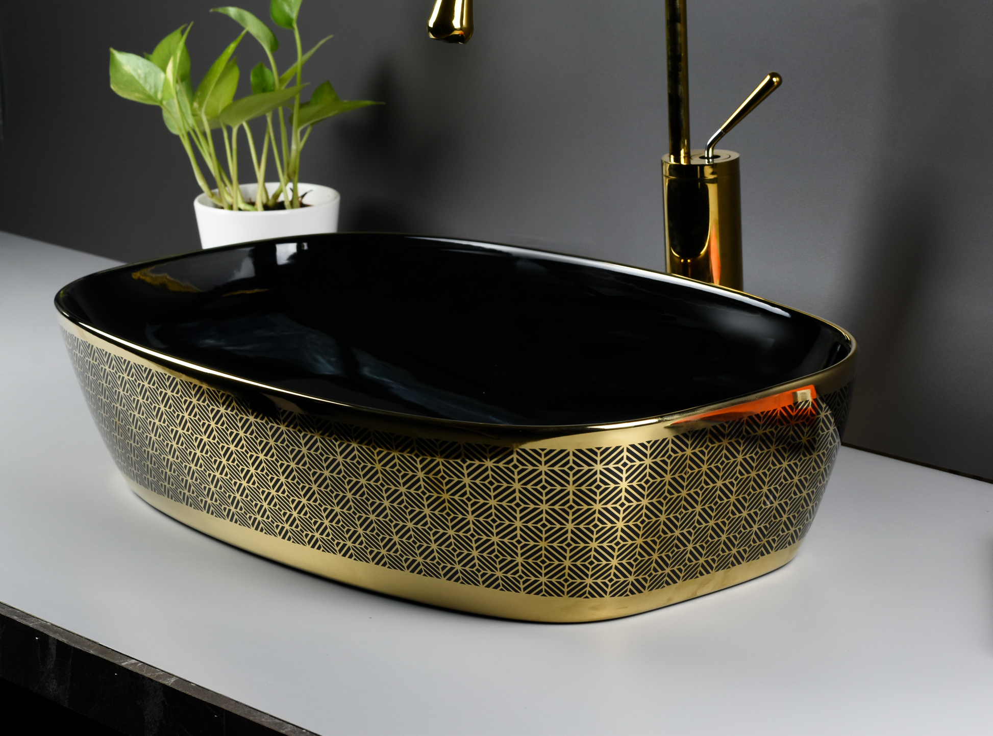 InArt Ceramic Counter or Table Top Wash Basin Glossy Black Golden 60 x 37 CM - InArt-Studio