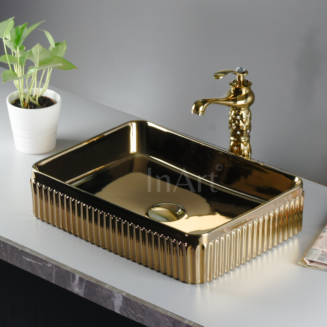 InArt Ceramic Modern Gold Table Top Wash Basin Glossy 48 x 34 CM - InArt-Studio