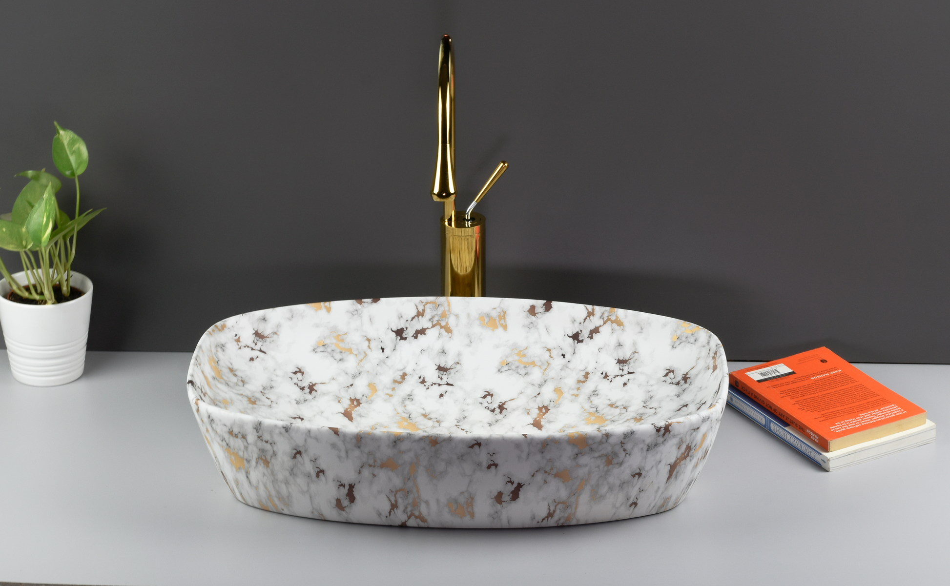 InArt Ceramic Counter or Table Top Wash Basin Matt White Gold Marble 60 x 37 CM - InArt-Studio