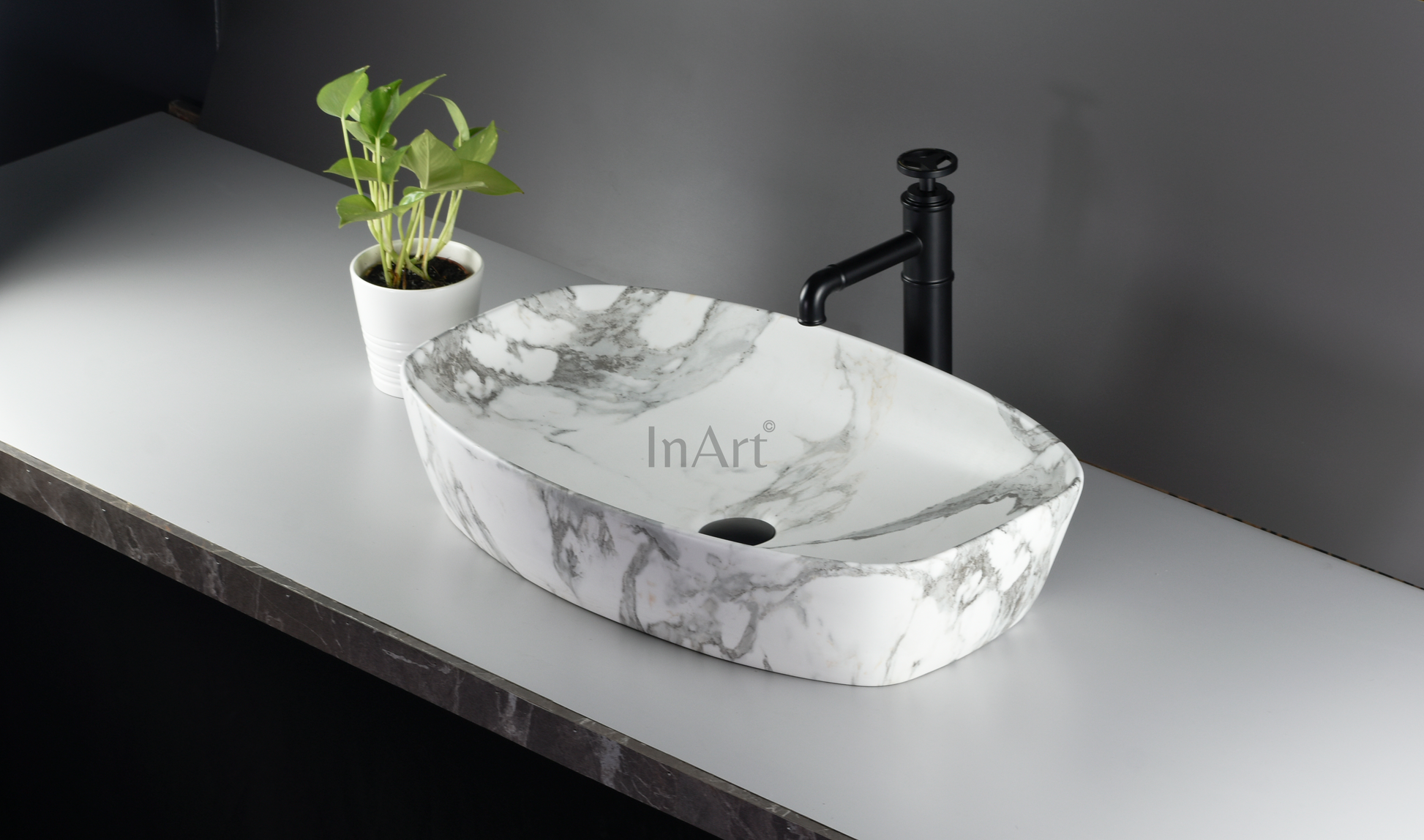 InArt Ceramic Counter or Table Top Wash Basin Matt White Grey Marble 60 x 37 CM - InArt-Studio