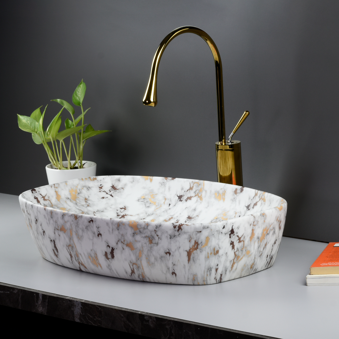 InArt Ceramic Counter or Table Top Wash Basin Matt White Gold Marble 60 x 37 CM - InArt-Studio