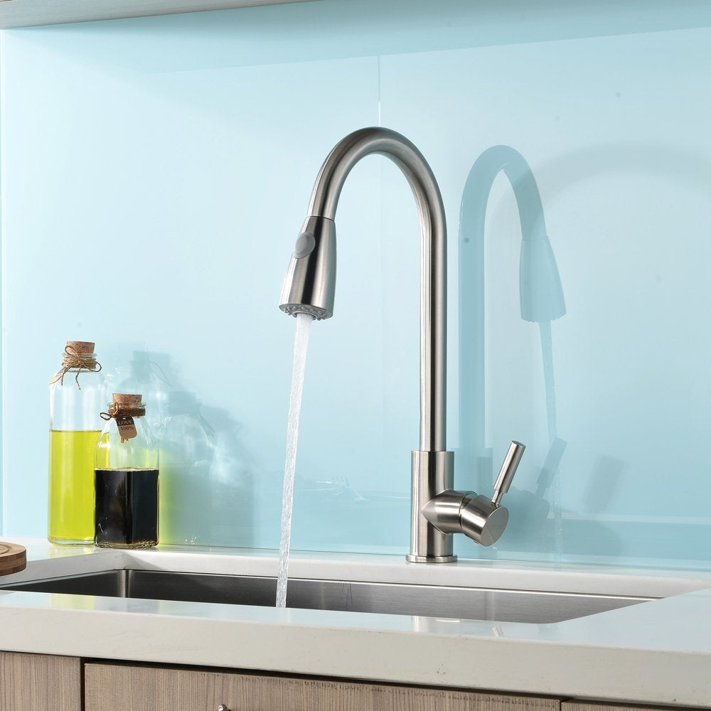 InArt chrome single lever kitchen sink mixer with pull-down sprayer and 360° swivel spout - front view