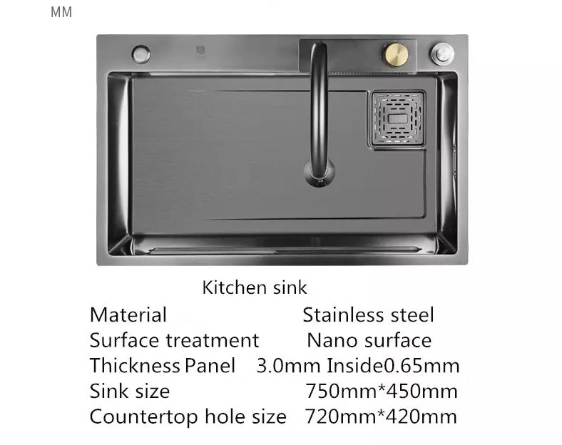 InArt Nano 304 Grade Stainless Steel Single Bowl Handmade Black Color Kitchen Sink 30x18 Inches With Waterfall Faucet Cup washer Drain Basket - InArt-Studio