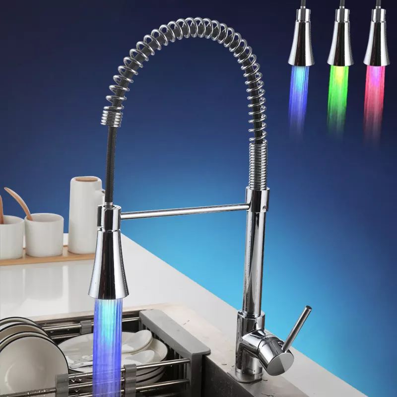 InArt LED Single Lever Kitchen Sink Mixer 360° Pull-Down Sprayer Kitchen Faucet with Multi-Function Spray Head, Chrome - InArt-Studio