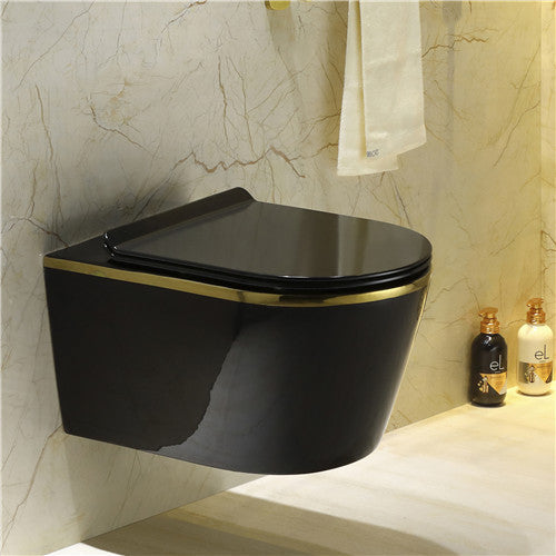 InArt Ceramic Rimless Wall Hung or Wall Mounted Water Closet Toilet with Soft Seat Cover Black Golden Color - InArt-Studio