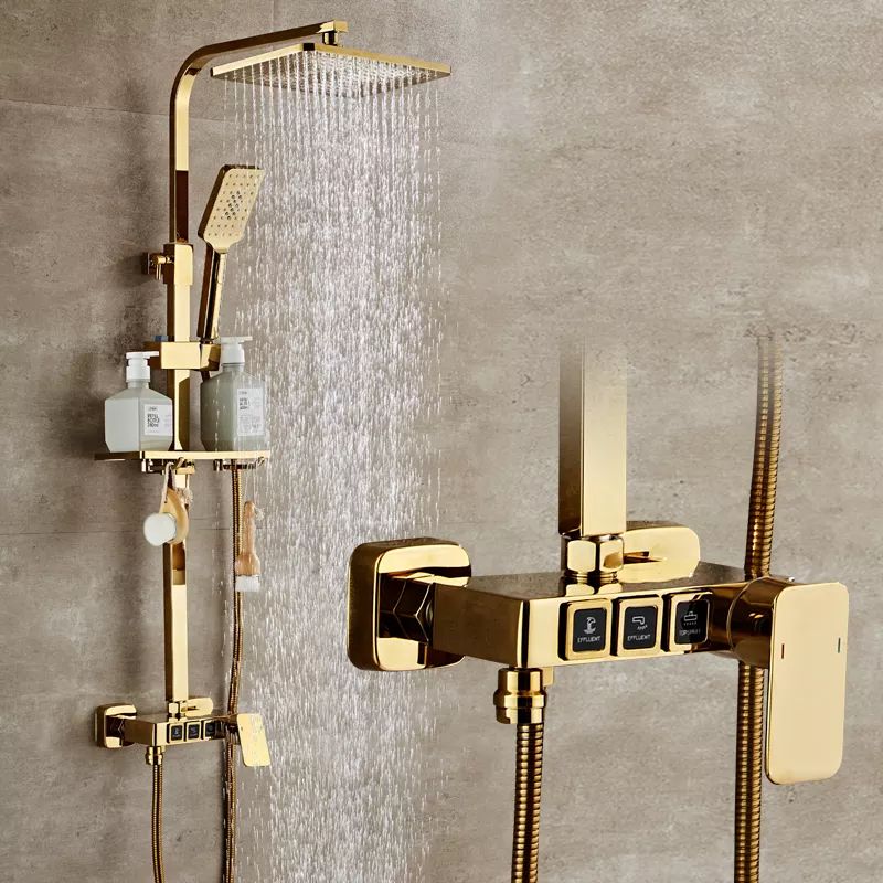 InArt brass gold wall mounted rainfall shower panel with handheld sprayer and temperature control faucet set
