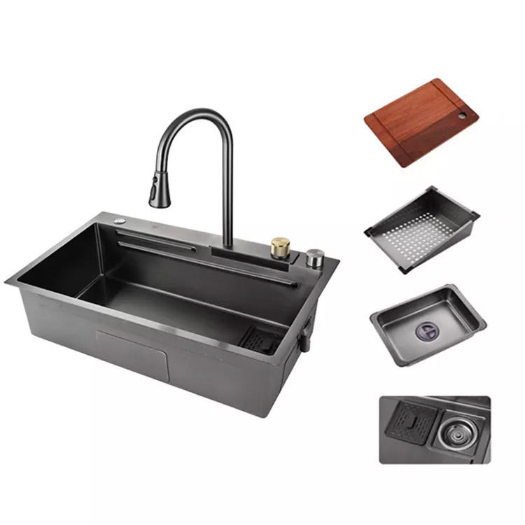 InArt Nano 304 Grade Stainless Steel Single Bowl Handmade Black Color Kitchen Sink 30x18 Inches With Waterfall Faucet Cup washer Drain Basket - InArt-Studio