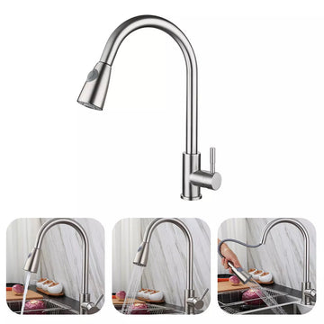 InArt Single Lever Kitchen Sink Mixer Pull-Down Sprayer 360° Kitchen Faucet with Multi-Function Spray Head, Brush Chrome Finish - InArt-Studio