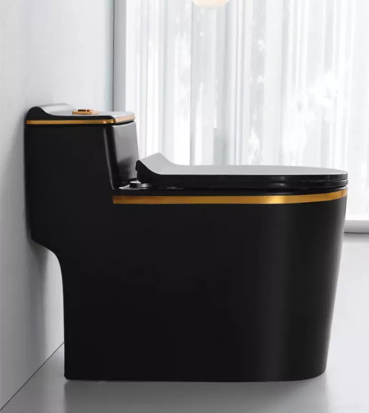 InArt Syphonic Washdown Flush Ceramic One Piece Western Toilet Commode - Water Closet Black Gold Glossy S-Trap - InArt-Studio