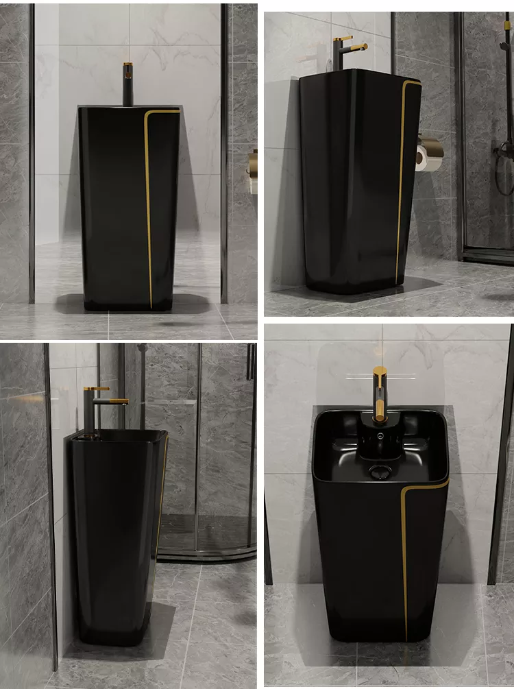 InArt Ceramic Pedestal Free Standing Wash Basin 17 x 14 x 34 Inch, Black Glossy - InArt-Studio