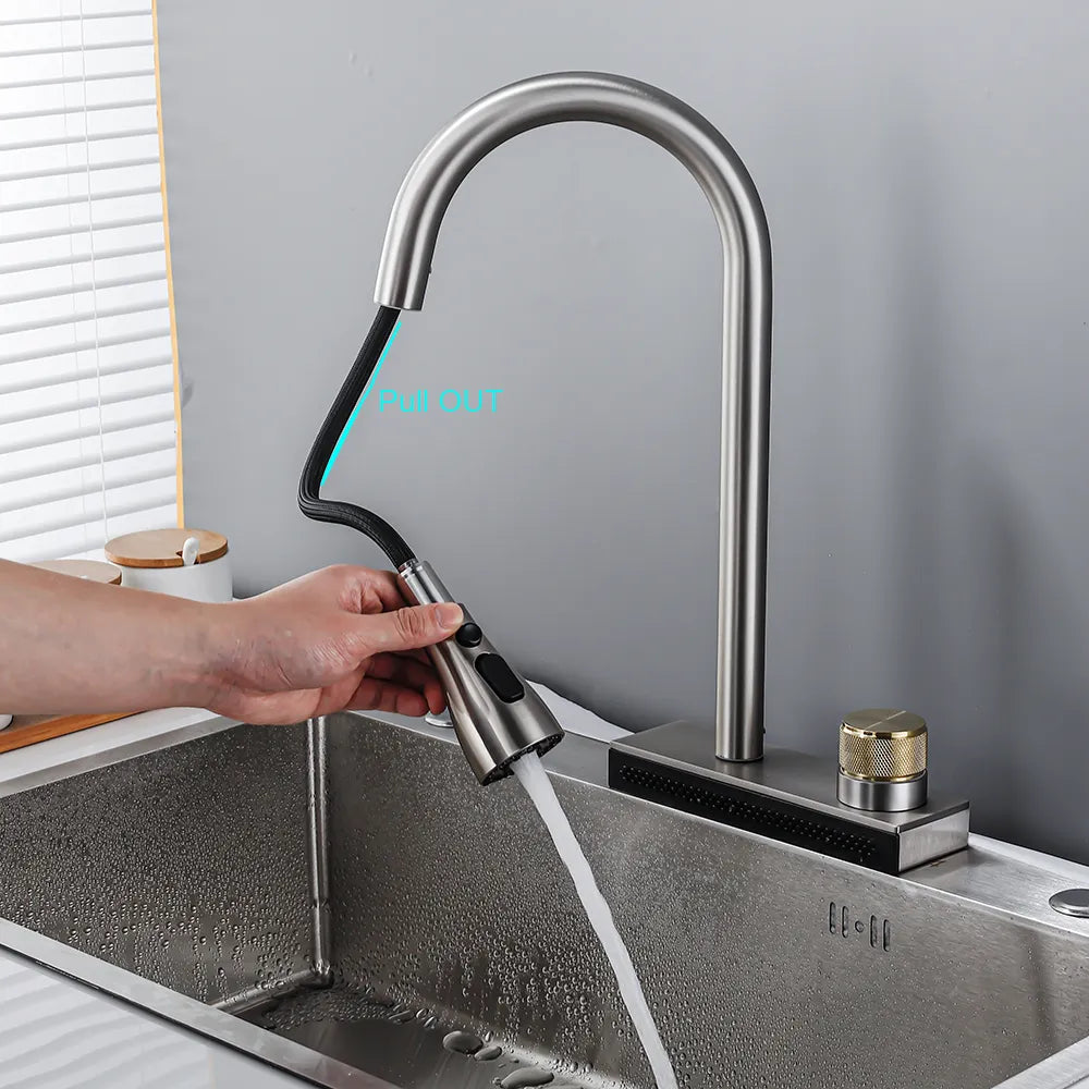 InArt 3 Flow Waterfall Sink Tap Faucet Single Lever Kitchen Sink Mixer 360° Rotatable Pull Out Kitchen Faucet Black Color - InArt-Studio