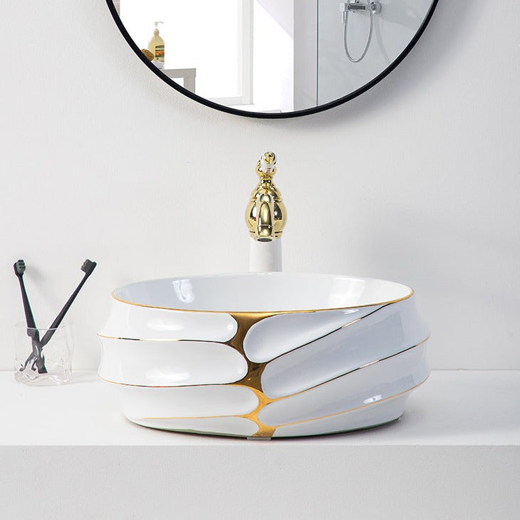 InArt Ceramic Counter or Table Top Wash Basin Gold White 43x35 CM - InArt-Studio