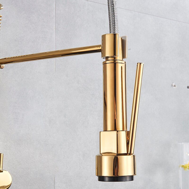 InArt Single Lever Wall Mounted Kitchen Sink Tap 360° Pull-Down Sprayer Kitchen Sink Cock Tap Faucet with Multi-Function Spray Head, Gold Finish - InArt-Studio