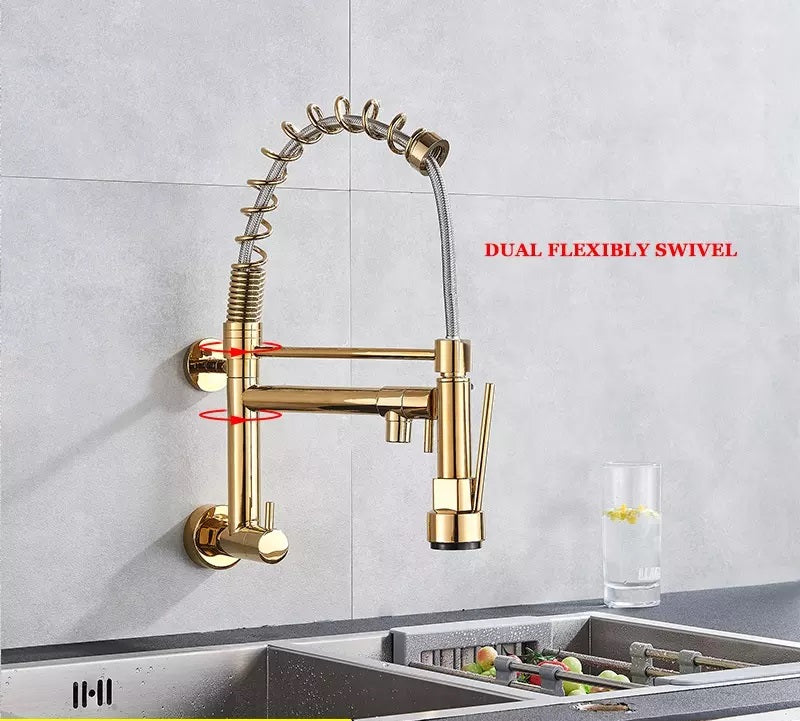 InArt Single Lever Wall Mounted Kitchen Sink Tap 360° Pull-Down Sprayer Kitchen Sink Cock Tap Faucet with Multi-Function Spray Head, Gold Finish - InArt-Studio