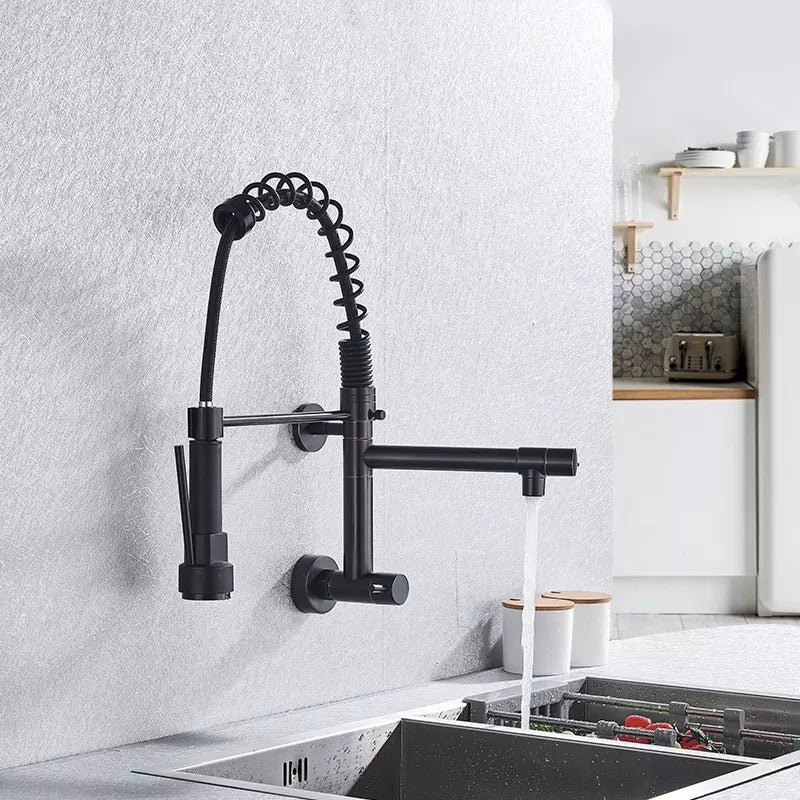 InArt Single Lever Wall Mounted Kitchen Sink Tap 360° Pull-Down Sprayer Kitchen Sink Cock Tap Faucet with Multi-Function Spray Head, Black Matt Finish - InArt-Studio