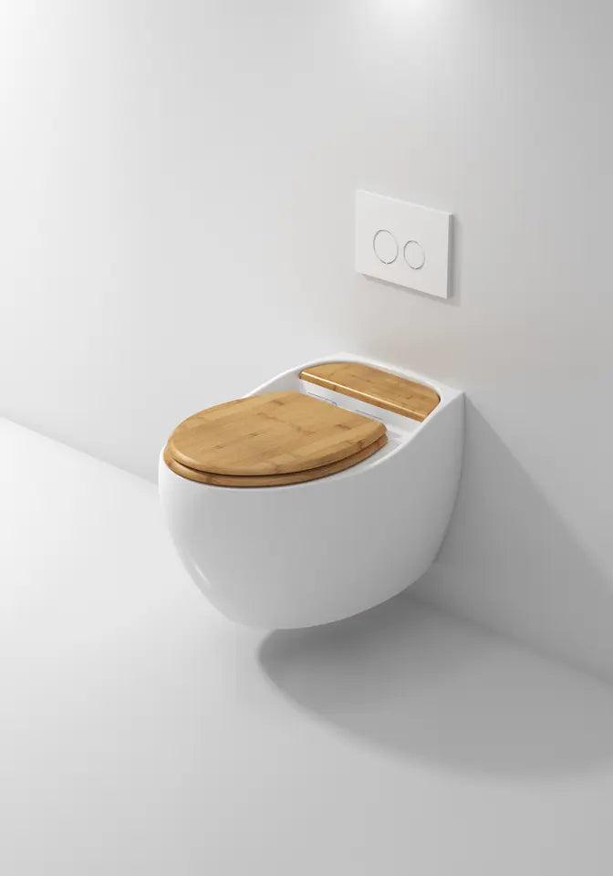 InArt Ceramic Wall Hung or Wall Mounted Designer (Clean Rim) Rimless Water Closet Toilet with Soft Close Wooden Finish Seat Color - InArt-Studio