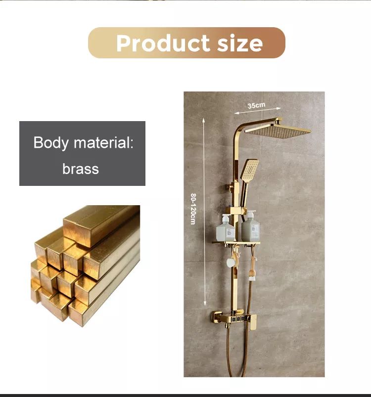InArt brass gold wall mounted rainfall shower panel with handheld sprayer and temperature control faucet set