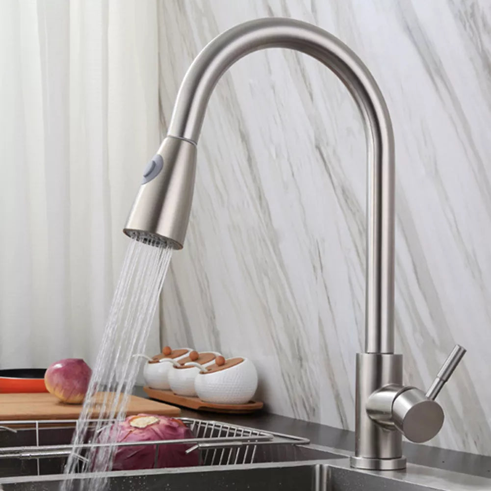 InArt chrome single lever kitchen sink mixer with pull-down sprayer and 360° swivel spout - front view
