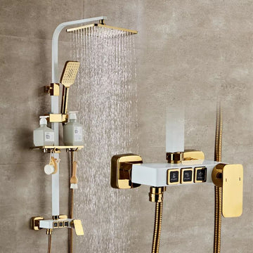 InArt Rainfall Shower Panel Faucets Set Wall Mounted Rain Shower Faucet with Rack Bath Wall Mixer Tap Hot Cold with Hand Shower White Gold - InArt-Studio