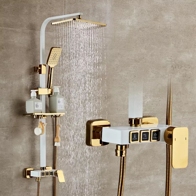 InArt white brass wall mounted rainfall shower panel with multiple spray settings and hand shower