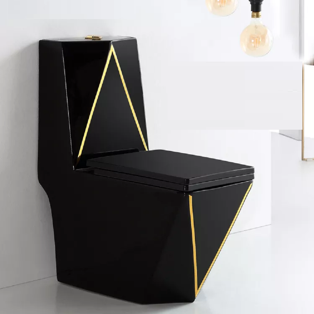 InArt Syphonic Washdown Ceramic One Piece Western Toilet Commode - Water Closet Black Gold Glossy Rectangle - InArt-Studio