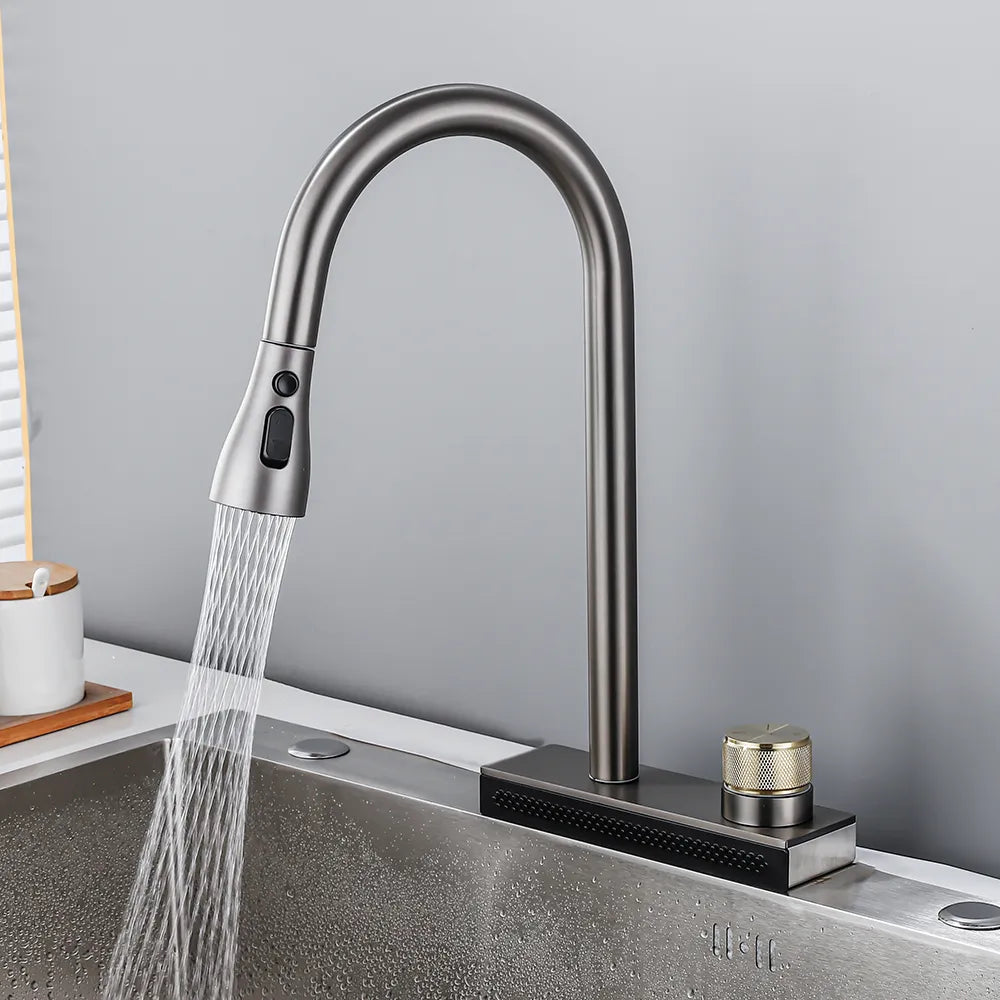 InArt 3 Flow Waterfall Sink Tap Faucet Single Lever Kitchen Sink Mixer 360° Rotatable Pull Out Kitchen Faucet Black Color - InArt-Studio