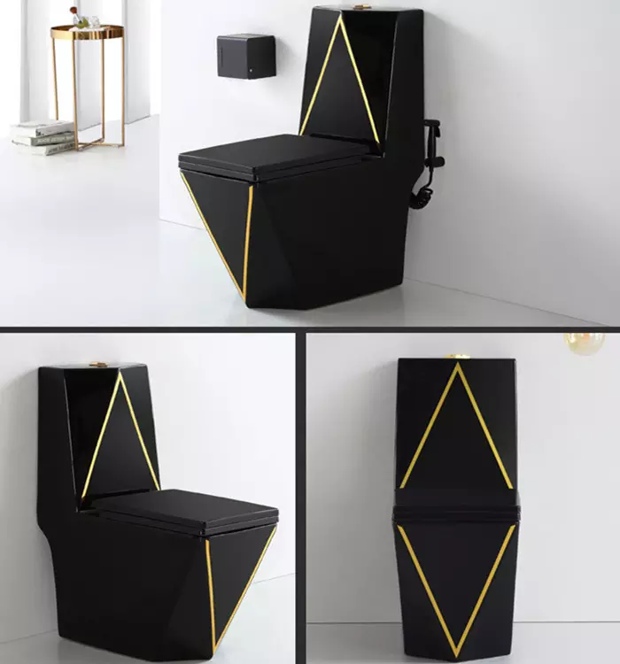 InArt Syphonic Washdown Ceramic One Piece Western Toilet Commode - Water Closet Black Gold Glossy Rectangle - InArt-Studio