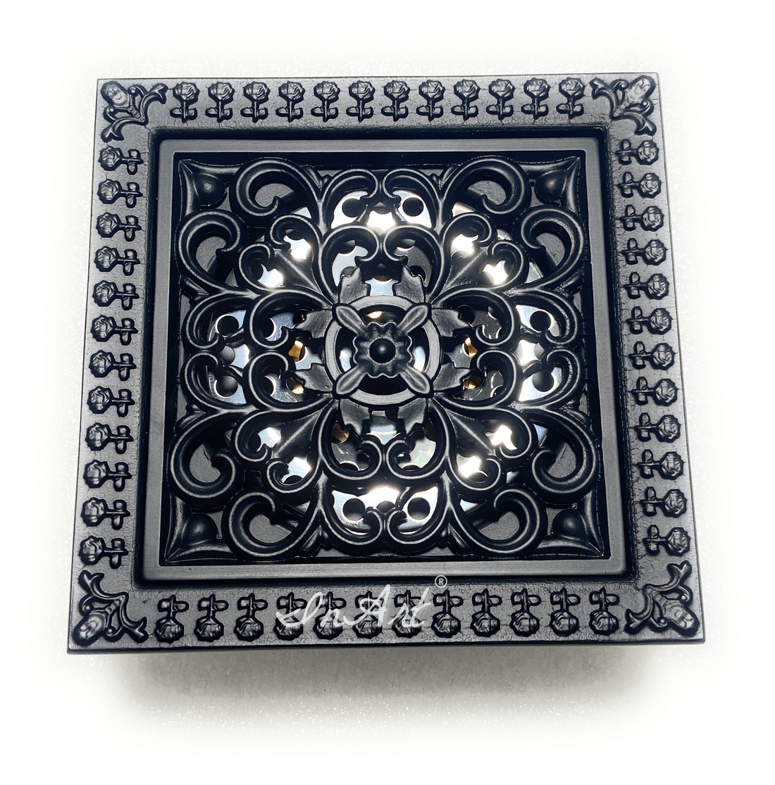InArt Brass Antique Finish Floor Bathroom Water Drainer Bathroom Drain Grating with Anti-Foul Cockroach Trap 5 x 5 Inch Black Matt Floral - InArt-Studio