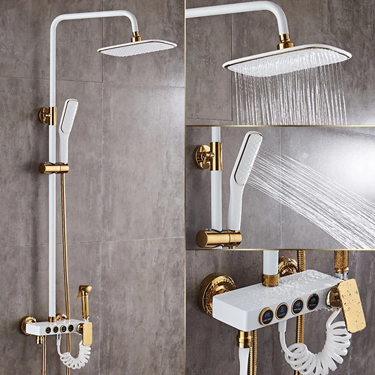 InArt Rainfall Shower Panel Faucets Set Wall Mounted Rain Shower Faucet with Rack Bath Wall Mixer Tap Hot Cold with Hand Shower & Jet Spray White Gold - InArt-Studio