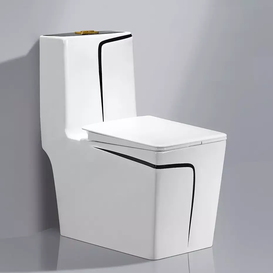 InArt One Piece Toilet Commode Wash Down Vaccum Flush - Ceramic Western Toilet Design Water Closet White Black Glossy - InArt-Studio