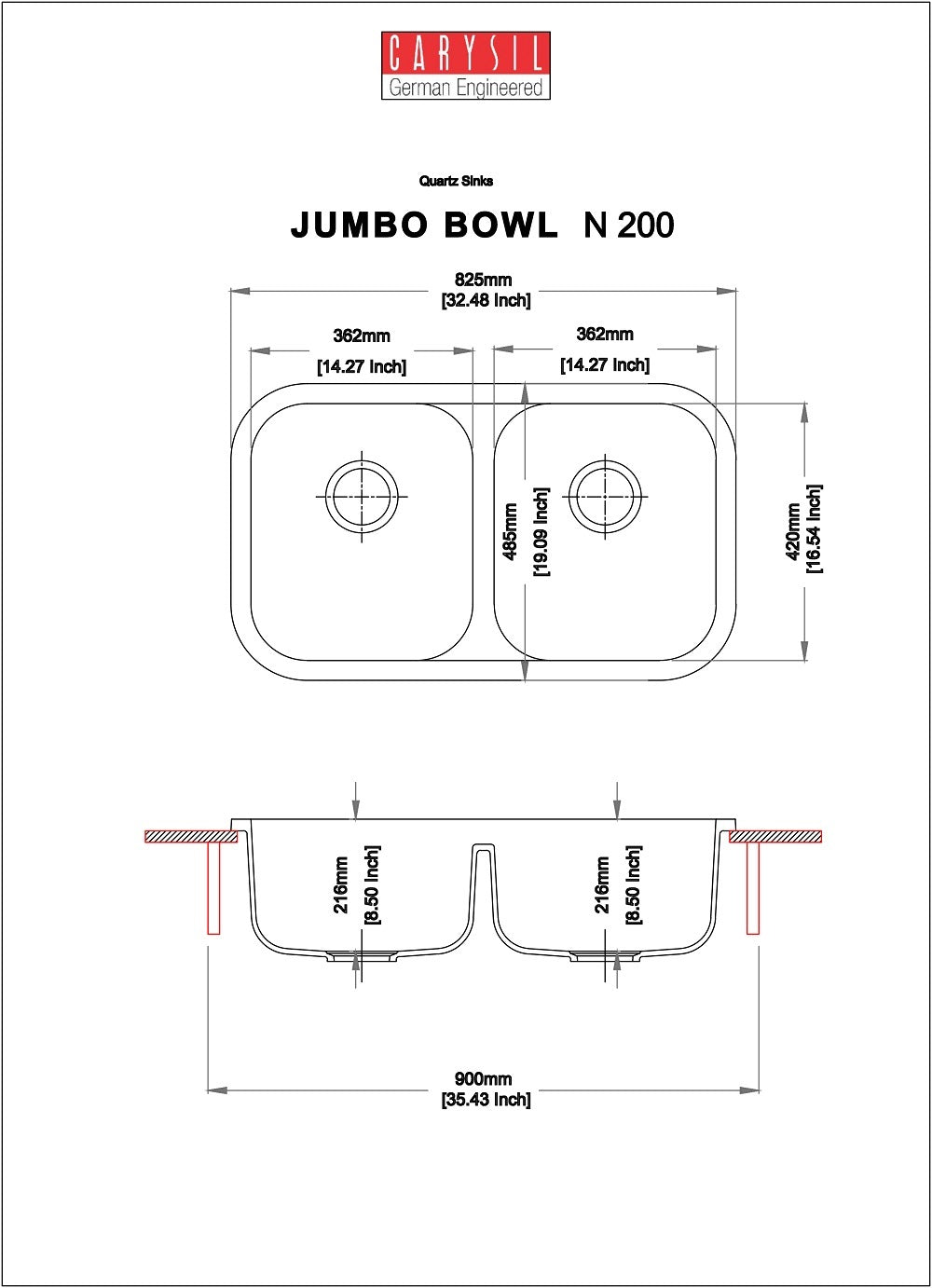 Carysil Granite Quartz Kitchen Sink Double Bowl Jumbo N200 32" x 19"