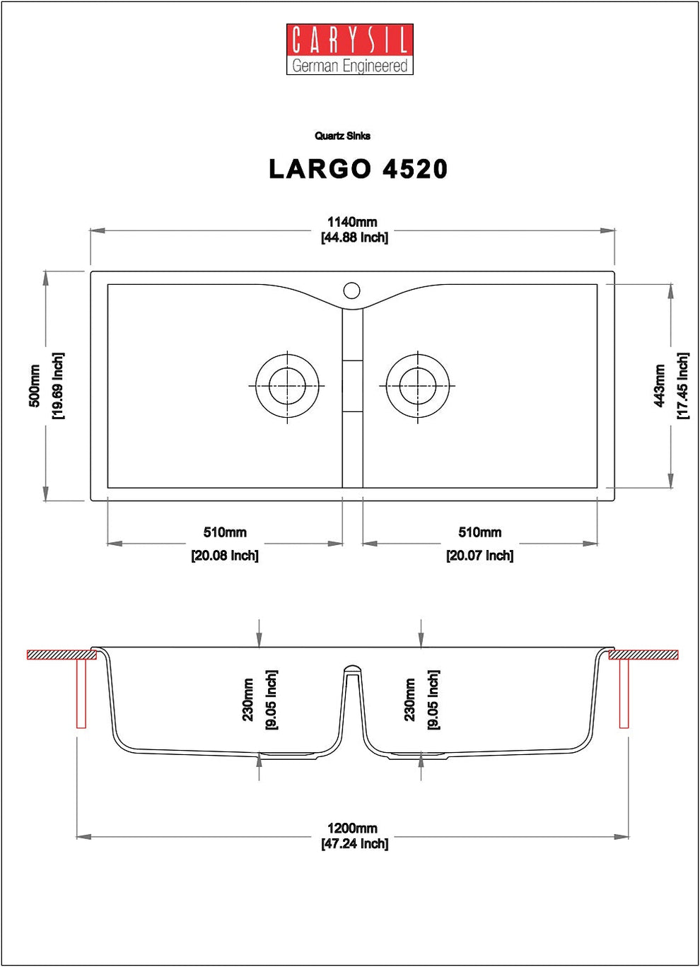 Carysil Granite Quartz Kitchen Sink Double Bowl Largo 4520 45" x 20"
