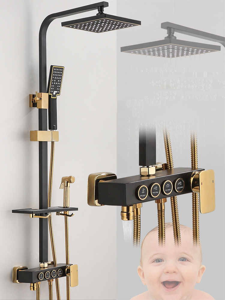 InArt Black Gold Shower Panel, Rainfall Head Shower, Handshower Kit With Diverter - InArt-Studio