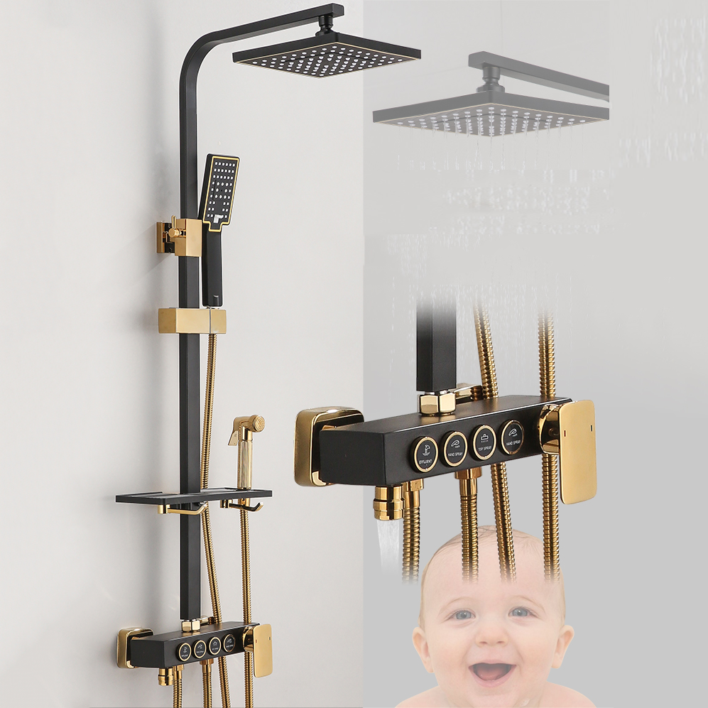 InArt black brass shower panel with rainfall head and handheld shower - full front view of complete system