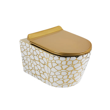 InArt ceramic gold wall hung designer toilet - full front view of mounted water closet seat