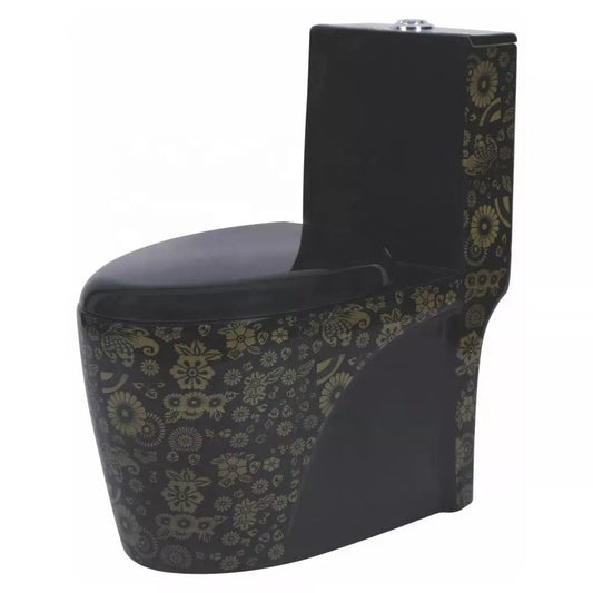 InArt Ceramic One Piece Western Toilet Commode - European Commode Water Closet With Soft Close Seat Cover S Trap Gold Black Printed - InArt-Studio